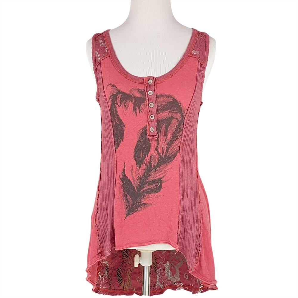 FREE PEOPLE We The Free Night Falls Pieced Tank w/ Feather Graphic Washed Red XS